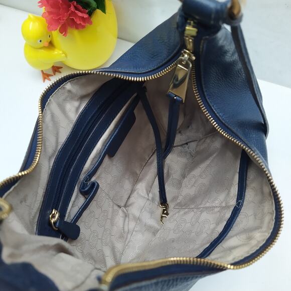 Michael Kors Rhea Blue Pebbled Leather Zipper Pocket Hobo Shoulder Bag - Picture 9 of 16